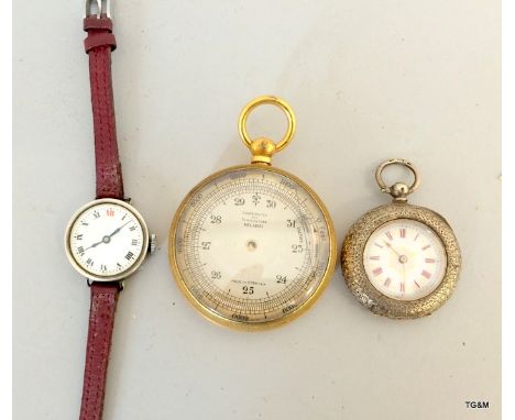 2 vintage watches to include silver and a pocket barometer/Altometer a/f