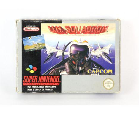 U.N. Squadron boxed SNES game (European Version) Condition Report:  Game is without manual and in used condition