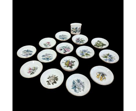 Royal Worcester - thirteen small dishes, small pot plus one hand-painted coaster.