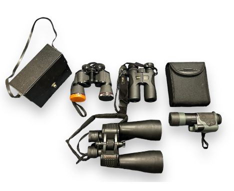 Collection of Four Binoculars. Nikon Prostaff 7S 10x42, Miranda 10x50, Yuxon NVMT Spartan 4x50 night vision/infrared monocula