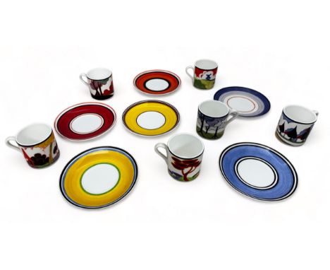 A set of six Wedgwood 'Clarice Cliff' Cafe Chic Espresso Cups and Saucers. Includes 'Summerhouse', 'Autumn', 'Red Tree', 'Blu
