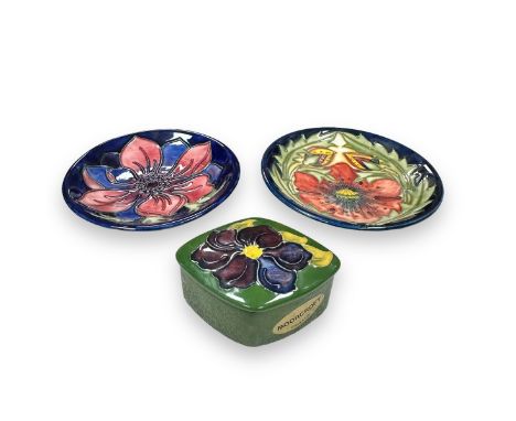 Moorcorft, pair of Moorcroft pin trays and a diamond shaped trinket box. All marked for Moorcroft to bases. (3)