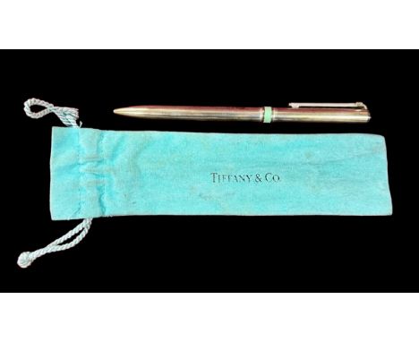 Tiffany &amp; Co. silver ballpoint pen with 'T' shaped clip, approx. L5"/13cm in Tiffany velvet drawstring pouch, generally  