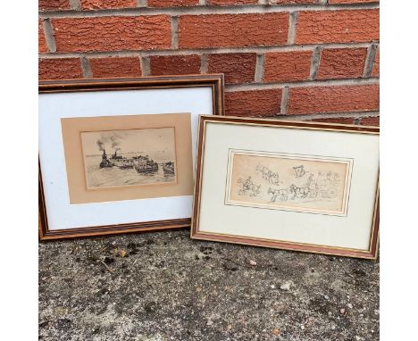 Charles Adam Platt (American, 1861-1933) steamer boat etching, plus engraving of horse and carts by Henry Alken (British, 178