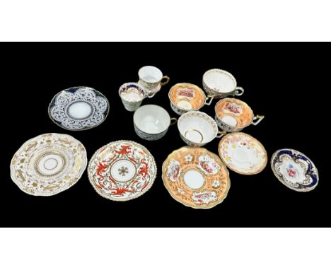 A range of cups and saucers etc with a Bishop and Stonier (Bisto) cup and saucer, plus a Moore Bros. cup and saucer, plus a R