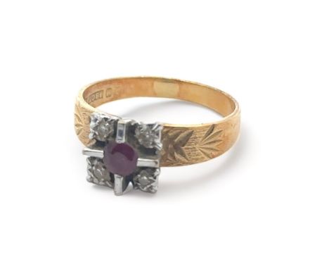 A ruby and diamond gold ring stamped 18ct, size N, weight 3.8g. Please see the buyer's terms and conditions for purchasing di