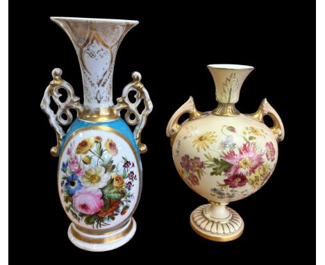 Royal Worcester blush ivory vase, circa 1902, approx. 23cm tall plus a large hand-painted vase of unknown maker, approx. 27cm