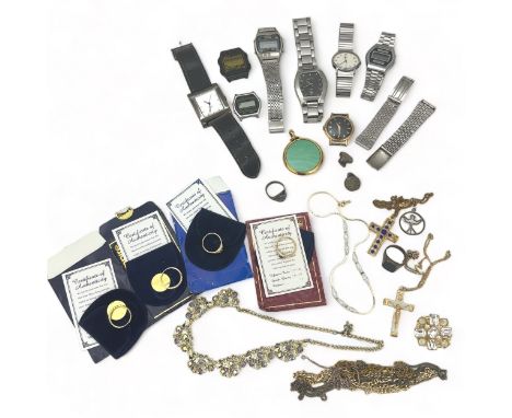 Some costume jewellery including silver rings and gold plated rings along with 8 watches (Timex, Casio Saxon, Maviv, Oris etc