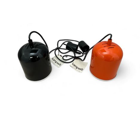 Pair of mid-century model 9094 Duolit Lamperti (Italy) hanging light shades, in orange and black. Having original Lamperti la