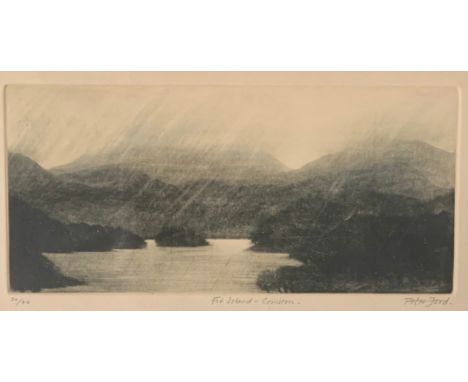 Peter Ford (British, b. 1937), ‘Fir Island – Coniston’ etching on paper, 20/40. Framed and glazed, signed, titled and numbere
