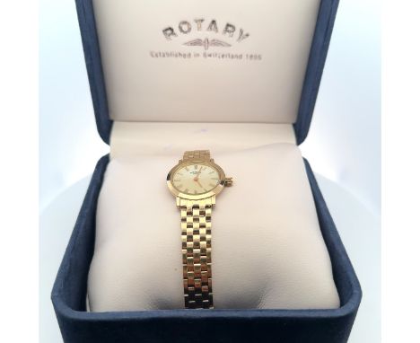 A ladies quartz Rotary Windsor watch, model number LB02324/07. Mother of pearl dial with Roman numeral hour markers and gold 