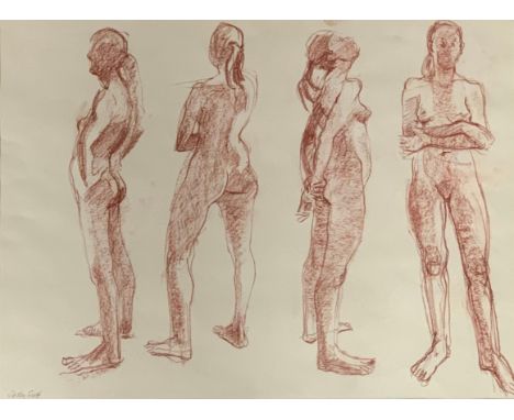 Sally Scott (British, b. 1939), red charcoal on paper sketch of the female form at four angles. Signed in pencil to lower lef
