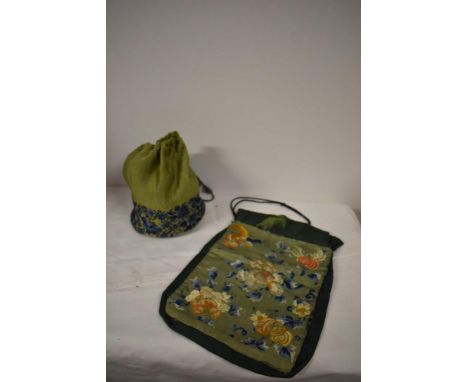Two antique Chinese bags, one of green cotton blend with silk panel and floral embroidery to lower portion and the other two 