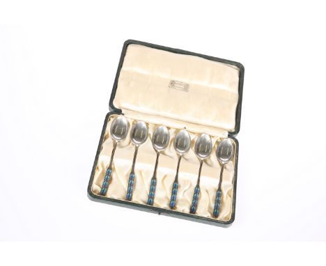 A SET OF SIX LIBERTY &amp; CO SILVER AND ENAMEL SPOONS, BIRMINGHAM 1926, the terminals picked out in blue/turquoise shaded en