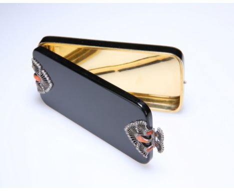 A DIAMOND AND CORAL SET GOLD AND ENAMEL COMPACT IN THE ART DECO TASTE, the gold unmarked, of rectangular form, with rounded c