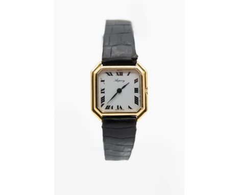 A LADY'S 18CT GOLD ASPREY STRAP WATCH. Square cut corner white dial with black roman index and hands, case measures 23mm and 