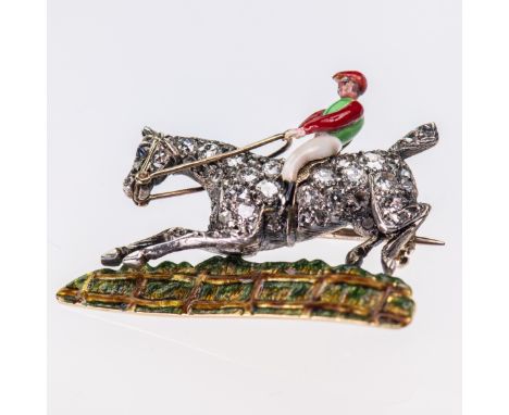 A MID 19TH CENTURY DIAMOND AND ENAMEL JOCKEY AND HORSE BROOCH, the jumping horse set throughout with old brilliant cut diamon