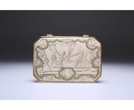 A GOLD-MOUNTED IVORY SNUFF-BOX, APPARENTLY UNMARKED, FIRST HALF 18TH CENTURY, oblong and with canted corners, the cover set w