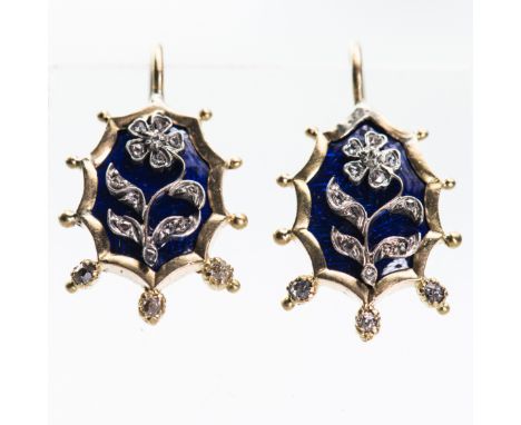 A PAIR OF LATE 19TH CENTURY DIAMOND AND ENAMEL EARRINGS, of oval form with beaded metal details, inlaid with blue enamelling 