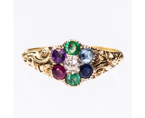 A VICTORIAN DEAREST RING, the seven round cut gemstones an acronym for "Dearest" - Diamond, emerald, amethyst, ruby, emerald,