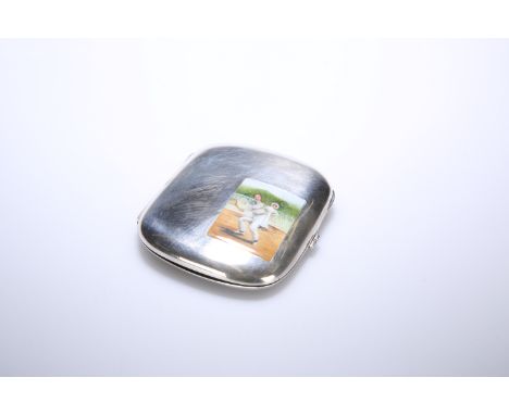A GEORGE V SILVER AND ENAMEL CIGARETTE CASE WITH A TENNIS THEME, bearing import marks for Steinhart &amp; Co., Birmingham 191