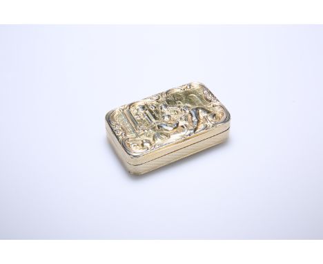 A GEORGE III SILVER-GILT SNUFF BOX, JOHN LINNIT, LONDON 1815, the cover repousse with a vignette of figures gathered around a