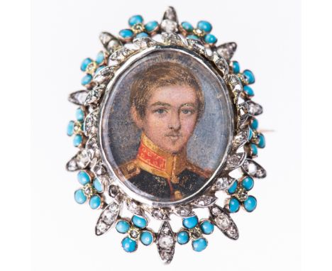 A 19TH CENTURY DIAMOND AND TURQUOISE PORTRAIT MINIATURE BROOCH, the oval portrait miniature of a young man in uniform set wit