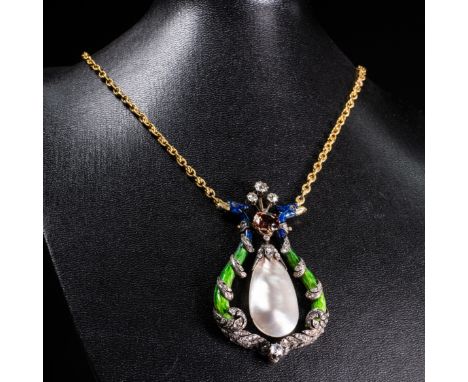 A RENAISSANCE REVIVAL ENAMEL, PEARL AND DIAMOND PENDANT, modelled as two exotic birds of green and blue enamelling with scrol