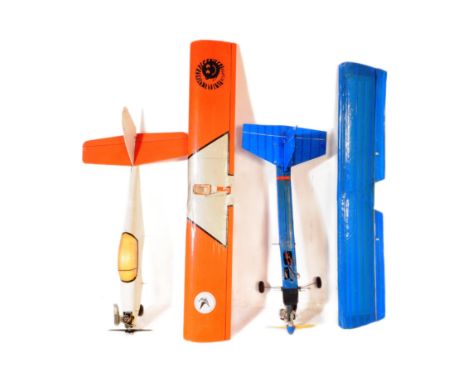 Radio Controlled Plane - x2 vintage model RC planes with fuselage, engines and wings. Wooden andf fibreglass construction. Wi