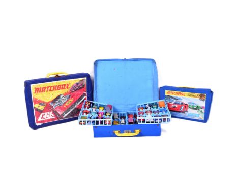 Diecast - Three vintage Lesney Matchbox vinyl carry cases, two of which include a collection of Matchbox and Corgi series die