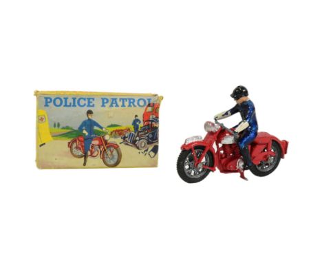 Diecast - a vintage 1950s Benbros made diecast model motorcycle Police Patrol with detachable driver and rubber tyred wheels.