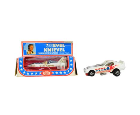 Diecast - x2 vintage 1970s Ideal made Evel Knievel diecast vehicles comprising a box Sky Cycles (still attached to inner pack
