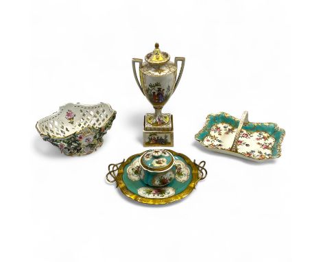A collection of continental porcelain items, comprising a Royal Vienna twin handled urn and cover, decorated with alternating