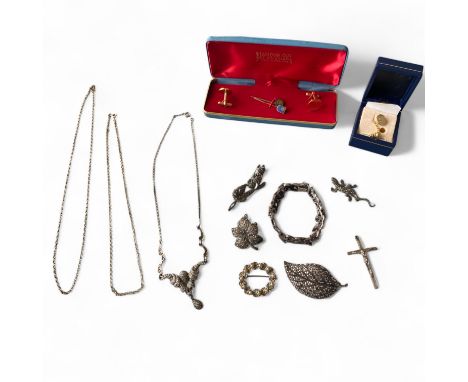 A Small Collection Of Silver And Costume Jewellery. Including A Silver And Marcasite Lizard Brooch, A 9ct Single Stud Earring
