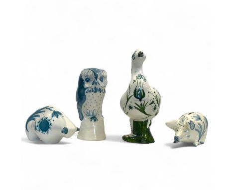 A collection of David Sharp for Rye Pottery animals, comprising a duck, pig, bull and owl (4)  Tallest - 34cm