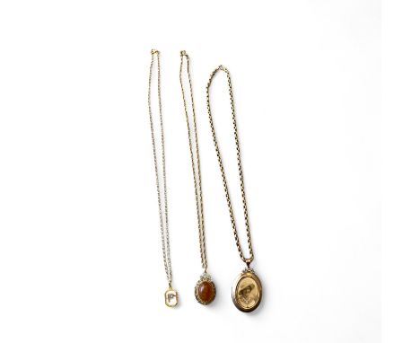 A 9ct Yellow Gold Amber Pendant On 9ct Yellow Gold Link Chain, A 9ct Choker Link Chain With 18ct Tested P Pendant And A 9ct R