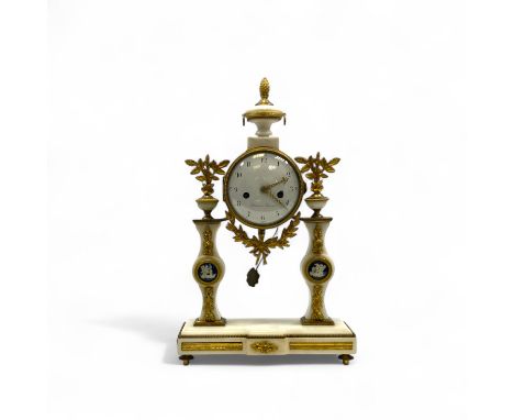 A French Neo-Classical style portico clock, by Piolaine of Paris, the two train drum movement with a painted porcelain dial i