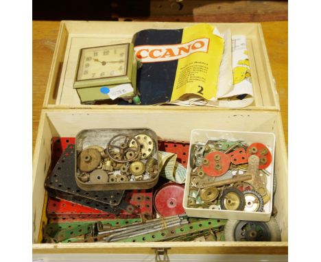 Boxed of assorted items of Meccano&nbsp;including tyres and&nbsp;a Meccano book of models, no.2, within a later wooden box an