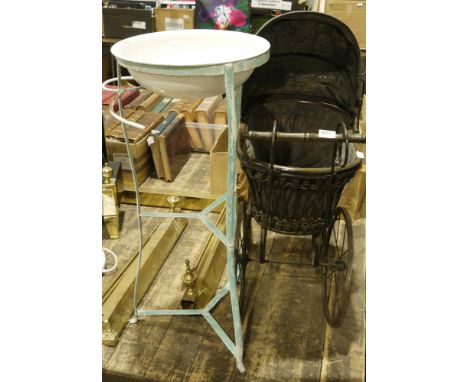 Late 19th/early 20th century children's pram&nbsp;with wooden, iron and wicker fittings&nbsp;and&nbsp;a free standing basin&n