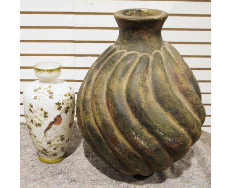 Large rustic ceramic vase, a white metal bound trinket box&nbsp;with blue and white ceramic lid, a large milk glass vase&nbsp