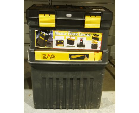 Mobile stacking work centre/toolbox&nbsp;containing a selection of tools and fixings&nbsp;