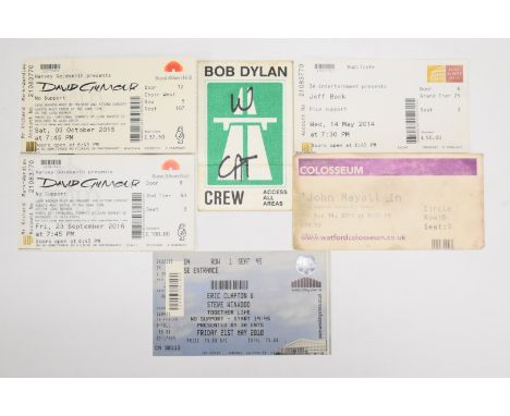 Rock tickets and crew pass for David Gilmour, John Mayall, Eric Clapton and Steve Winwood, Jeff Back and Bob Dylan