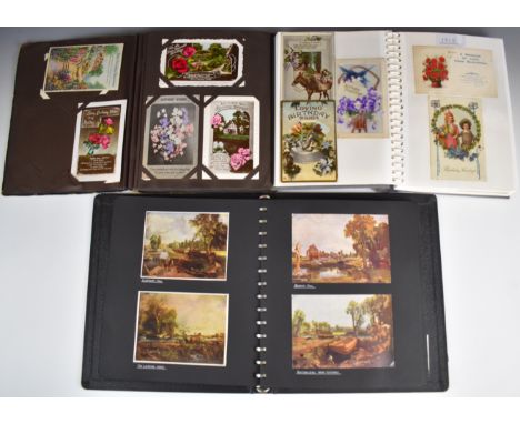 Two albums of early postcards, mainly birthdays, an album of prints including Cornwall, birdlife, painters including Constabl