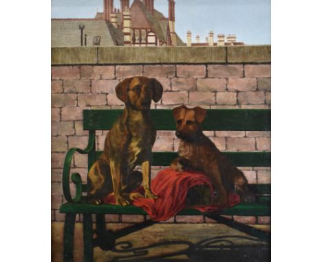 Victorian oil on canvas of two dogs on a bench with house beyond, monogrammed WR and dated 1900 lower left, 75 x 62cm, in gil