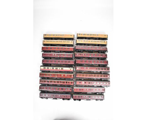 Twenty Dapol, Hornby, Bachmann and Mainline 00 gauge model railway coaches to include LNER teaks, BR Mk1 and Thompson