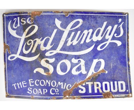 Vintage enamel advertising sign 'Use Lord Lundy's Soap, The Economic Soap Co, Stroud', of Gloucestershire interest, 30.5 x 45