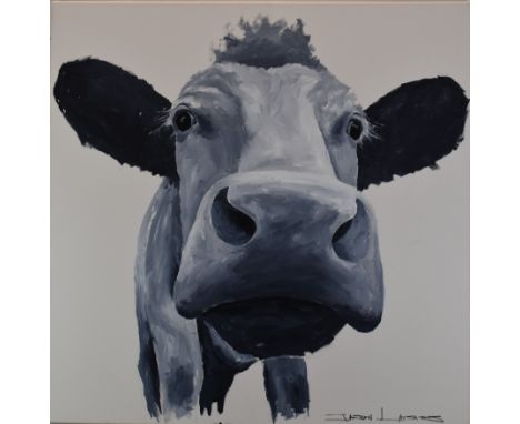 Jason Liosatos (contemporary British Devon artist), acrylic on canvas portrait of a&nbsp;cow, signed lower left, 100 x 100cm