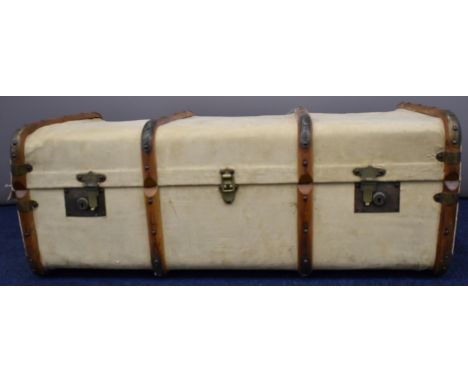 Ash bound suede covered vintage trunk, the interior with silk lined tray, W92 x D56 x H35cm