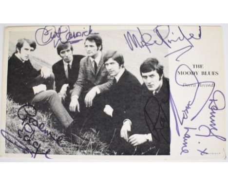 Signed / autographed The Moody Blues Decca Records promotional photographic postcard with list of singles / 45rpm records on 