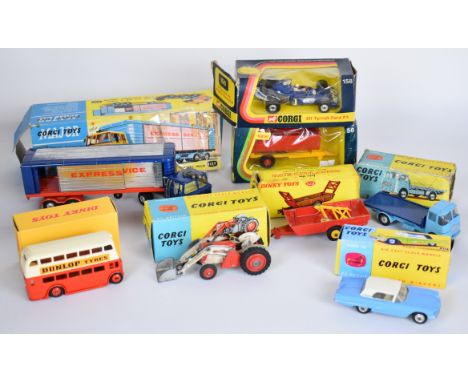 Eight vintage Dinky and Corgi diecast model cars to include Ford Thunderbird 214, ERF Model 44G Platform Lorry 457, Elf Tyrre